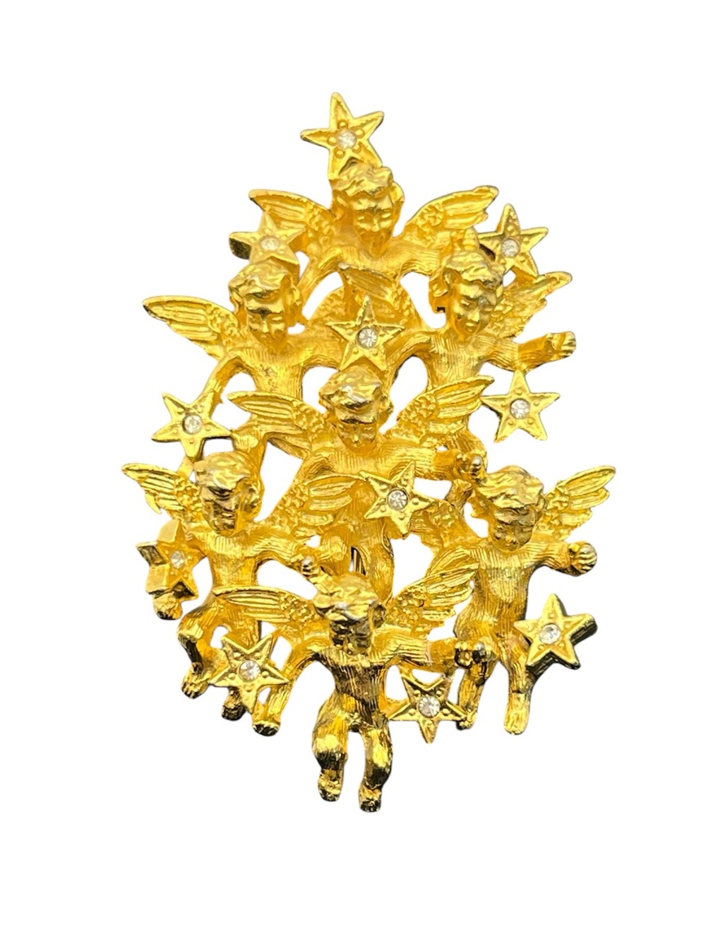 Cherub angel abstract Christmas tree holiday gold tone & rhinestone brooch pin